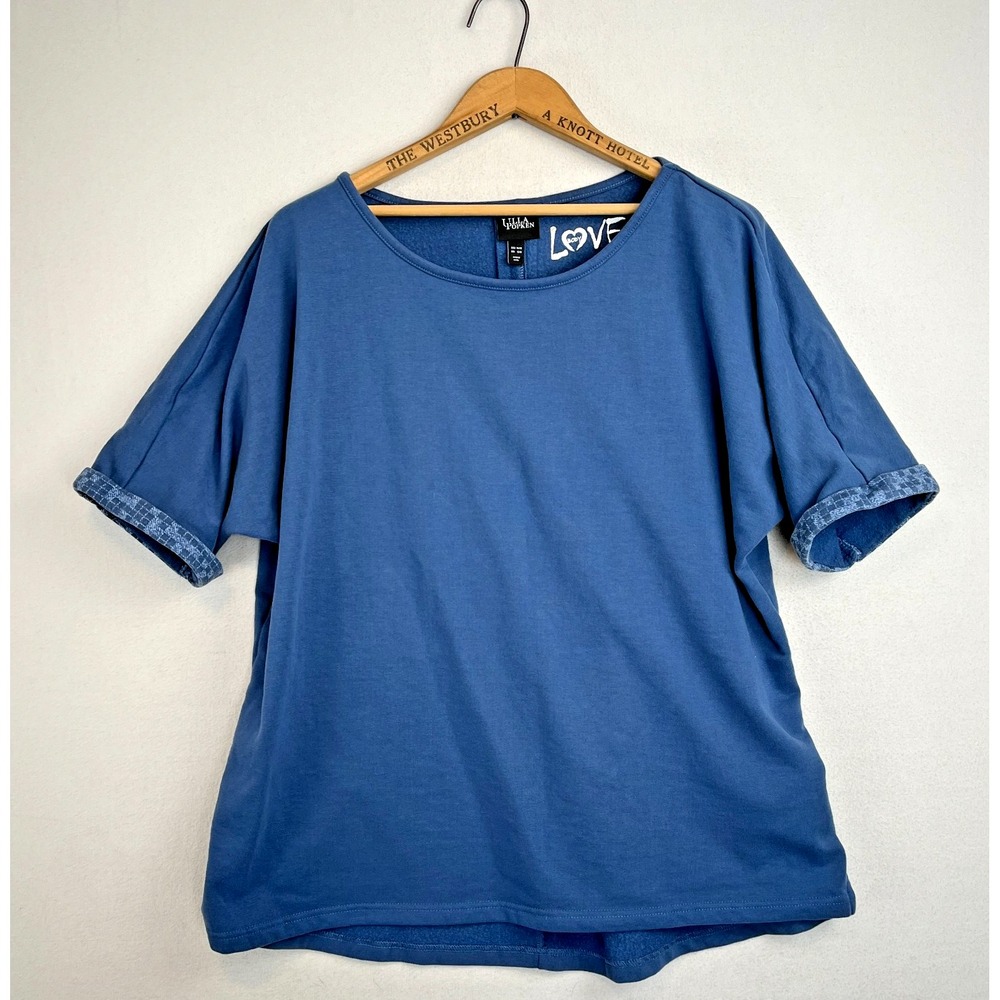 ULLA POPKEN Top Size 16 18 Blue Fleece Knit Short Contrast Cuffed Sleeve